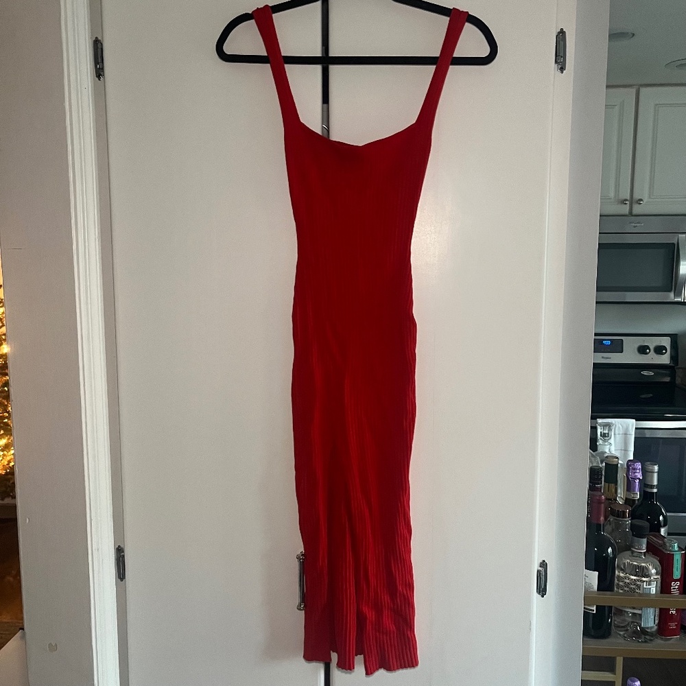 H&M Red Midi Dress Square Neck with Slit